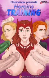 3girls big_breasts big_penis black_widow_(marvel) blonde_female blonde_hair breasts brie_larson captain_marvel carol_danvers celebrity dick elizabeth_olsen gangbang gigantic_breasts green_eyes light-skinned_female light_skin looking_at_viewer marvel marvel_cinematic_universe marvel_comics milckysixxx multiple_girls multiple_penises natasha_romanoff partial_male penis penis_in_face red_hair sad scarlet_witch scarlett_johansson simple_background wanda_maximoff