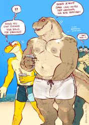 2023 5_fingers anthro banana_da_boi beach beverage blush claws clothing dan_(serex) digital_drawing_(artwork) digital_media_(artwork) dinosaur emanata english_text finger_claws fingers french_text hi_res holding_beverage holding_object louis_(serex) male male_only muscular muscular_anthro muscular_male navel nipples outside reptile scalie sea seaside sky speech_bubble standing swimming_trunks swimwear teeth text translated water