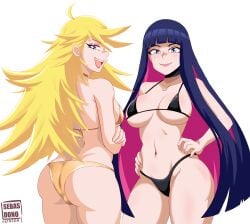 2girls :d absurdres ahoge ass bare_arms bare_shoulders bikini black_bikini black_choker blonde_hair blue_eyes blue_hair blunt_bangs breasts choker colored_inner_hair commentary cowboy_shot eyeshadow groin hands_on_own_hips highres large_breasts long_hair looking_at_viewer makeup multicolored_hair multiple_girls navel open_mouth panties panty_&_stocking_with_garterbelt panty_anarchy pink_hair pink_lips sebasdono smile standing stocking_anarchy stomach swimsuit thighs very_long_hair