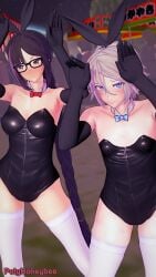 1boy 1girls 3d akuta_hinako blue_eyes blush blush both_sexes_in_same_situation bowtie brown_eyes brown_hair bunny_boy bunny_ears bunny_girl bunnysuit consort_yu_(fate/grand_order) embarrassed fate/grand_order fate_(series) femboy gao_changgong_(fate) glasses gloves human koikatsu leggings outdoors outside poly_(artist) pretty_boy prince_of_lan_ling_(fate) trap white_hair yu_miaoyi_(fate)