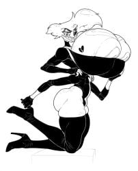 1boy 4_arms angel_dust_(hazbin_hotel) anthro arachnid areola arthropod ass barely_contained big_areola big_breasts boots breast_spill breasts breasts_bigger_than_head breasts_bigger_than_torso bulge busty busty_boy clothing femboy_with_breasts flaccid footwear hazbin_hotel high_heel_boots high_heels huge_areola huge_breasts humanoid hyper hyper_areola hyper_breasts legwear looking_at_viewer male male_only male_with_breasts monochrome mr_canvas multi_arm multi_limb round_breasts solo solo_male spider tattoo thigh_boots thighhighs white_body