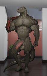 2023 abs anthro balls digital_drawing_(artwork) digital_media_(artwork) foreskin genitals glans hi_res humanoid_genitalia humanoid_penis lizard male male_only monds muscular muscular_anthro muscular_male navel partially_retracted_foreskin penis reptile scalie solo standing tail towel