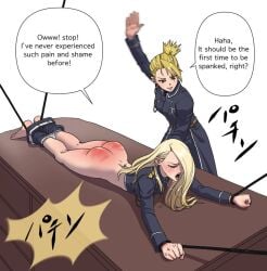 2girls artist_request blonde_hair blush crying crying_with_eyes_closed english_text fullmetal_alchemist hands_clenched hands_tied legs_tied_together multiple_girls olivier_mira_armstrong open_mouth panties_down pants_down red_ass riza_hawkeye source_request spanking table white_background white_panties yellow_hair