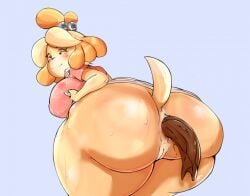 animal_crossing anthro ass big_butt blush bottomless butt_focus canid canine canis clothed clothing domestic_dog feces female genitals huge_butt huge_thighs isabelle_(animal_crossing) mammal nintendo pussy scat shagau shih_tzu smile solo thick_thighs toy_dog