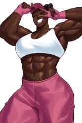 1girls abs absurd_res closed_eyes commission dark-skinned_female dark_skin female female_only fingerless_gloves hi_res muscles muscular muscular_female smiling solo sotcho sportswear teeth_showing v_sign very_high_resolution white_background