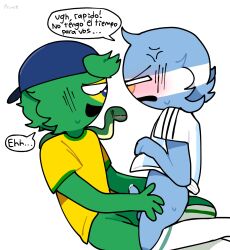 2boys argentina_(countryhumans) balls blush brazil_(countryhumans) chibi clothed_sex clothing countryhumans erection gay green_body green_skin light_blue_body light_blue_skin male male_only penis princedoesstuff simple_background small_penis snake spanish_text testicles text white_background yaoi