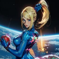 1girls ai_generated blonde_hair blonde_ponytail female in_space metroid pixai pooplool samus samus_aran solo sunrise tagme thin_female zero_suit_samus