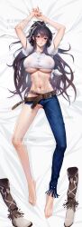 5_toes a_certain_magical_index absurdres aishang_yujie arms_up asymmetrical_clothes barefoot bed_sheet belt belt_buckle black_hair boots boots_removed breasts brown_belt brown_footwear buckle covered_nipples dakimakura_(medium) denim female full_body hair_ribbon highres jeans kanzaki_kaori large_breasts long_hair looking_at_viewer lying navel on_back pants ponytail purple_eyes pussy pussy_juice ribbon shirt short_sleeves single_pantsleg solo spread_pussy tied_shirt to_aru_majutsu_no_index toes toned uncensored watermark white_ribbon white_shirt