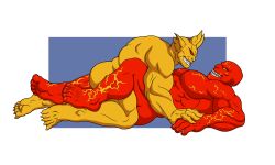 2boys 5_toes batman_(series) daitya dc dc_comics demon dentist_(artist) etrigan gay missionary_position muscles muscular muscular_male naked red_skin yellow_skin