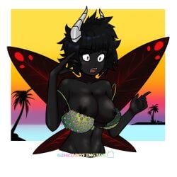 beach big_breasts bikini black_hair hina hina_(vtuber) horns moth_girl mothgirlhina navel nipples no_panties nude red_eyes shocked surprised wardrobe_malfunction wings