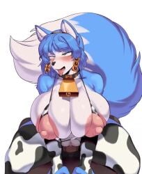 1boy 1girls animated anthro big_breasts bouncing_breasts breasts cervina7_(artist) cow_print cowgirl_position duo furry krystal male_pov nintendo penetration pov sex simple_background sound star_fox vaginal_penetration video