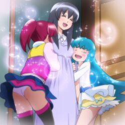 10s 2d 3girls aino_megumi ass black_hair blue_hair blush breasts closed_eyes clothing dress girl_sandwich group_hug happinesscharge_precure! haruyama_kazunori heartwarming hikawa_maria hug hugging long_hair magenta_hair multiple_girls no_sex open_mouth panties panty_shot ponytail precure pretty_cure red_hair sandwiched shirayuki_hime short_hair skirt sparkles stockings thighhighs underwear