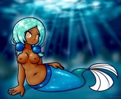 1girls 5_fingers ape_yacht_kookies blue_hair blue_tail breasts dark-skinned_female dark_skin female female_only gold_eyes jezmm jpeg looking_at_viewer louistrations mermaid signature smile solo solo_female solo_focus tansy_(ayk) underwater