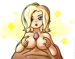 1boy 1girls blonde_hair blue_eyes breasts jezmm large_breasts looking_at_viewer male male/female male_pov mercy nude overwatch paizuri paizuri_lead_by_female penis pov straight