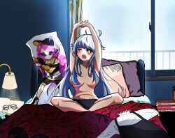 1girls artsuka bed bedroom big_breasts black_panties blush body_pillow books breasts dakimakura drooling female female_only glasses glasses_removed hair_over_breasts indie_virtual_youtuber indoors lamp light-skinned_female light_skin luna_cross morning on_bed one_eye_closed open_mouth panties pile_of_books room silver_hair solo vampire vampire_girl virtual_youtuber waking_up yellow_eye