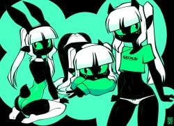 animate_inanimate arms_on_head ass ass_in_air ass_up black_body black_skin blunt_bangs bow_panties bunny_costume bunny_ear bunny_ears bunny_tail bunnysuit crop_top demon_horns detached_collar fake_animal_ears female freckles freckles_on_face green_eyes green_freckles green_sclera horns jek_korpen kneeling leotard long_hair looking_at_viewer looking_back lying_on_floor monster_energy monster_energy-chan monster_energy_drink monster_girl multiple_views nikki_(jek_korpen) no_mouth panties peace_sign playboy_bunny pointed_ears pointy_ears simple_coloring small_panties small_shirt sweater thighhighs tongue_out top-down_bottom-up twintails underwear v v_sign white_hair wrist_cuffs