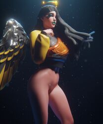 1girls 3d alternate_version_available angel angel_wings ark_(fortnite) athletic athletic_female black_hair blender bottomless clothed clothing curvy curvy_body curvy_female curvy_figure d'ark_(fortnite) epic_games female female_focus female_only fortnite green_lipstick green_makeup half-dressed half_naked halo headwear highres leggings lewdrex light-skinned_female light_skin lipstick long_hair looking_at_viewer makeup nose_piercing pants piercing pose posing simple_background smile smiling solo solo_focus standing thick_thighs topwear wings