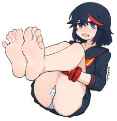 1girls barefoot black_hair blue_eyes blush feet female female_only foot_fetish foot_focus kill_la_kill looking_at_viewer matoi_ryuuko medium_hair open_mouth panties pantyshot senketsu softhanten soles solo striped striped_panties toes underwear