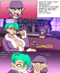 2girls amity_blight cleavage dgoger english_text face_squeeze face_squish female female_only green_hair large_breasts mother_and_daughter multiple_girls odalia_blight prostitution purple_hair text the_owl_house