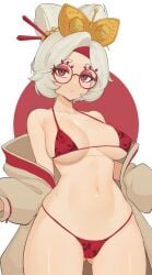 ass_visible_through_thighs bikini breasts brown_coat closed_mouth coat collarbone cowboy_shot eyeshadow female glasses goggles goggles_on_head headband large_breasts looking_at_viewer makeup moursho navel nintendo off_shoulder purah purah_(tears_of_the_kingdom) pussy red-framed_eyewear red_eyes red_eyeshadow red_headband round_eyewear short_eyebrows smile solo stomach sweat swimsuit tears_of_the_kingdom the_legend_of_zelda the_legend_of_zelda:_tears_of_the_kingdom thighs uncensored white_hair wide_hips