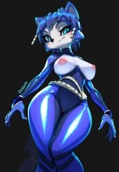 2023 absurd_res anthro blue_body blue_fur breasts canid canine clothed clothing exposed female female_focus female_only fox fur furry hi_res jumpsuit krystal krystal_(assault_outfit) mammal nintendo nipples oughta partially_clothed star_fox thick_thighs thighs translucent translucent_clothing