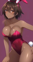 1girls ai_generated ai_upscaled azumanga_daiou bare_shoulders brown_eyes brown_hair bunny_ears bunny_girl bunny_tail cleavage dark-skinned_female dezgo_ai hand_on_hip hand_on_thigh kagura_(azumanga_daiou) large_breasts leaning_forward playboy_bunny short_hair solo solo_focus thighs upscaled