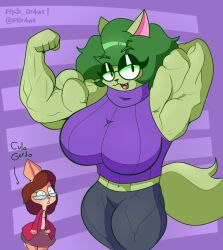 2023 abs biceps big_breasts breasts cake_the_bunny_(tartfrost) clothed clothing digital_media_(artwork) feline female fur furry glasses green_body green_fur green_hair hair huge_breasts looking_at_viewer miriam_cat_(tartfrost) muscular muscular_female pip3r_dr4ws simple_background tartfrost thick_thighs topwear