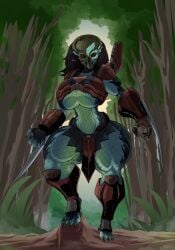 alien dreadlocks face_paint female female_only female_yautja fishnets forest green_skin huge_breasts jaeh mask masked_female plasma_gun predator_(franchise) thick_thighs wrist_blade yautja