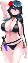 1girls :d absurdres alternate_costume arm_up armpits belt bikini black_belt black_bikini black_cape black_swimsuit blue_eyes blue_hair breasts byleth_(fire_emblem) byleth_(fire_emblem)_(female) byleth_(summer)_(fire_emblem)_(female) cape cleavage commentary_request cowboy_shot dagger female female_only fire_emblem fire_emblem:_three_houses fire_emblem_heroes flower groin hair_between_eyes hair_flower hair_ornament hibiscus highres knife large_breasts long_hair looking_at_viewer lower_teeth_only navel nintendo official_alternate_costume open_mouth red_flower sheath sheathed simple_background single_bare_shoulder smile solo standing stomach swimsuit tassel teal_hair teeth tetsuji_(i_ttj_f_c) thigh_gap weapon white_background wristband