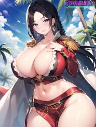 ai_generated beach bikini black_hair blue_eyes blue_sky boa_hancock close-up cumulonimbus_cloud curvaceous curvy curvy_body curvy_female curvy_figure curvy_hips earrings female female_only forehead gigantic_breasts high_resolution highres long_hair looking_at_viewer nai_diffusion narrow_waist navel ocean one_piece palm_tree peace_sign pov skyrimgamer17 smiling_at_viewer stable_diffusion thick_hips thick_thighs voluptuous voluptuous_female wet wet_body wet_breasts wide_hips