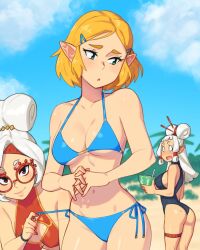 3girls ass bikini blonde_hair blue_bikini blush breasts cleavage cloud curvy_figure day embarrassed eyelashes facial_mark female_focus forehead_mark glasses green_eyes hair_ornament hair_stick hair_tubes hairclip hi_res looking_at_viewer makeup multiple_girls navel one-piece_swimsuit parted_bangs paya_(the_legend_of_zelda) pointy_ears princess_zelda pulling_clothing pulling_panties pulling_swimsuit purah purah_(tears_of_the_kingdom) red-framed_glasses red_bikini red_eyes red_nails rob_ishi round_eyewear sand short_blonde_hair short_hair sidelocks sky swimsuit tears_of_the_kingdom the_legend_of_zelda thighs tight_clothing white_hair zelda_(tears_of_the_kingdom)