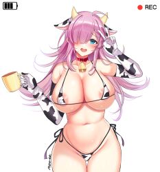 :d absurdres ahoge animal_ears animal_print areola_slip arm_up bad_id bad_pixiv_id bare_shoulders bell bikini blue_eyes breasts choker cleavage collar collarbone counter:side cow_ears cow_horns cow_print cowbell cowboy_shot cup elbow_gloves embarrassed fake_animal_ears fake_horns female gloves gluteal_fold groin hair_over_one_eye halterneck hand_up highres holding horns large_breasts long_hair looking_at_viewer maett micro_bikini miya_(counter:side) mug navel open_mouth pink_hair red_choker side-tie_bikini_bottom skindentation smile solo stomach string_bikini swimsuit thigh_gap thighs v very_long_hair white_background white_gloves