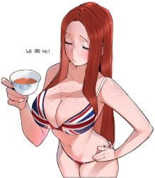 1girls 2d big_breasts bikini blush breasts breasts_bigger_than_head british british_female cleavage closed_eyes color emotionless english_text expressionless female female_focus female_only flag_bikini flag_print freckles ginger hand_on_hip long_hair navel ohasi pose red_hair simple_background solo swimsuit teacup text union_jack_bikini united_kingdom united_kingdom_(ohasi)