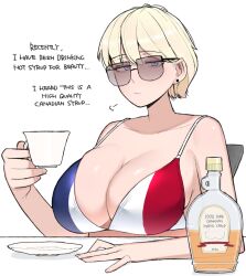 1girls 2d big_breasts bikini blonde_hair breasts breasts_bigger_than_head emotionless english_text expressionless female female_only flag_bikini flag_print france france_(ohasi) french french_flag_bikini glasses looking_at_viewer maple_syrup ohasi short_hair simple_background sunglasses swimsuit tea_cup teacup text tinted_eyewear