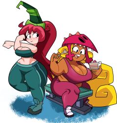 2girls ass belly_button betilla_(rayman) blonde_hair breasts cake chubby cleavage crop_top edith_up_(rayman) hat holding_object huge_breasts looking_at_another nymph_(rayman) rayman_(series) rayman_origins red_hair sitting stretching superspoe tagme thick_thighs wide_hips workout