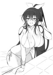 :d absurdres arm_support artist_name bikini blush bracelet breasts cleavage counter:side crossed_bangs female from_above front-tie_bikini_top front-tie_top greyscale grin hair_between_eyes hair_ribbon halterneck hand_up highres huge_breasts jewelry leaning_forward long_hair looking_at_viewer lowleg lowleg_bikini maett monochrome necklace o-ring o-ring_bikini open_mouth ponytail poolside ribbon side-tie_bikini_bottom sidelocks smile solo string_bikini swimsuit very_long_hair wading wet wet_hair wristband yoo_mina