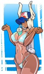 1girls animal_ears animal_tail baseball_cap big_breasts bikini bikini_bottom bikini_top boku_no_hero_academia bottomwear breast_squeeze breasts bunny_ears bunny_tail cleavage dark-skinned_female dark_skin drink_on_breasts female female_only gyaru hair hat headwear hips huge_breasts lips long_hair miruko my_hero_academia nails pm_(artist) red_eyes rumi_usagiyama solo solo_female swimsuit_tan swimwear tan tan_body tan_skin tanline thick_thighs thighs topwear usagiyama_rumi white_hair