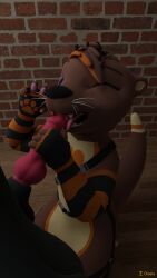 3d_(artwork) anthro arm_warmers armwear clothing digital_media_(artwork) duo erection genitals hair harness hi_res highlights_(coloring) holding_penis kneeling knot legwear licking licking_tip male male/male mammal mustelid oasis_(otter_oasis) one_eye_closed open_mouth oral otter otter_oasis paws penile penis penis_lick rendered sex tail thigh_highs tongue tongue_out wink winking_at_partner winking_eye