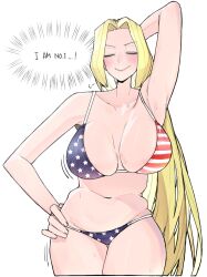 1girls 2d america_(ohasi) american american_flag american_flag_bikini armpits arms_up big_breasts bikini blonde_hair blush breasts breasts_bigger_than_head closed_eyes color english_text female female_focus female_only flag_bikini flag_print hand_on_hip long_hair navel ohasi pose proud simple_background smug solo sweat sweatdrop swimsuit text