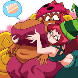 2girls ass back belly_button betilla_(rayman) blonde_hair breasts cake chubby cleavage crop_top edith_up_(rayman) groping hand_on_breast hat huge_breasts looking_at_another nymph_(rayman) rayman_(series) rayman_origins red_hair sideboob sitting stretching superspoe sweat tagme thick_thighs wide_hips workout worried