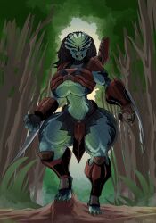 alien blue_eyes dreadlocks face_paint female female_only female_yautja fishnets forest green_skin huge_breasts jaeh no_mask plasma_gun predator_(franchise) thick_thighs wrist_blade yautja