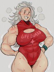 1girls 2d 2d_(artwork) dorohedoro large_breasts large_thighs lifeguard light-skinned_female light_skin muscular_female noi_(dorohedoro) one-piece_swimsuit otamerdraw red_eyes swimsuit tagme white_hair white_hair_female white_hair_red_eyes