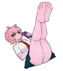 ass barefoot black_sclera boku_no_hero_academia cellphone colored_sclera colored_skin feet female foot_fetish legs_up looking_at_viewer medium_hair mina_ashido my_hero_academia panties pantyshot phone pink_hair pink_skin school_uniform smartphone smile softhanten soles toes underwear yellow_eyes