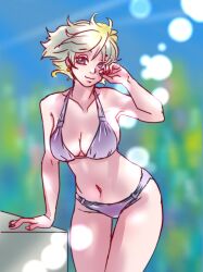 benrinnes_maiko bikini blonde_hair cleavage earrings female female_only gintama leaning_forward light-skinned_female light_skin looking_at_viewer medium_breasts purple_bikini short_hair smile smooth_skin solo swimsuit thigh_gap tsukuyo