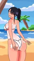 1girls _deathberry_18 ass_grab ass_slap ass_spank beach big_breasts bikini black_hair breasts brown_eyes clothed clothing female female_focus female_only hair_covering_eye hayase_nagatoro hi_res highres long_hair looking_at_viewer looking_back please_don't_bully_me,_nagatoro revealing_clothes simple_background smile solo solo_female tan tan-skinned_female tan_body tan_skin tanline tanned tanned_female viewed_from_behind