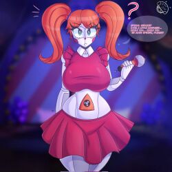 1girls asking_a_question asking_viewer baby_(fnafsl) big_breasts breasts breasts_bigger_than_head circus_baby circus_baby_(fnaf) clown clown_costume clown_girl female female_focus five_nights_at_freddy's five_nights_at_freddy's:_sister_location five_nights_in_anime fnaf fnia ginger ginger_hair good_stuff green_eyes ignorance imminent_sex looking_at_partner looking_at_viewer microphone orange_hair question question_mark red_skirt red_tank_top robot robot_girl robot_humanoid text text_bubble thick_thighs thighs tr_yithaz white_body white_skin