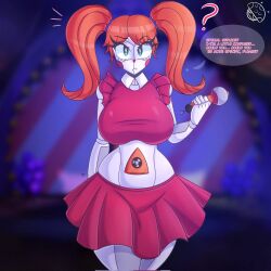 1girls asking_a_question asking_viewer baby_(fnafsl) big_breasts breasts breasts_bigger_than_head circus_baby circus_baby_(fnaf) clown clown_costume clown_girl female female_focus five_nights_at_freddy's five_nights_at_freddy's:_sister_location five_nights_in_anime fnaf fnia ginger ginger_hair good_stuff green_eyes ignorance imminent_sex looking_at_partner looking_at_viewer microphone orange_hair question question_mark red_skirt red_tank_top robot robot_girl robot_humanoid solo text text_bubble thick_thighs thighs tr_yithaz white_body white_skin