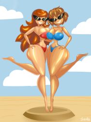 2girls armpits bikini doll doll_joints dollification female huge_ass huge_breasts implied_transformation knick_knack multiple_girls permanent_smile slemka sunglasses sunnification thick_thighs transformation wide_hips