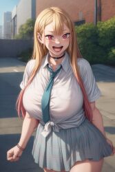 ai_generated bangs blonde_hair blue_skirt blush blush bracelet choker curvy dyed_hair female gradient_hair happy huge_breasts kitagawa_marin lipstick long_hair looking_at_viewer open_mouth outdoors pink_eyes pink_hair pleated_skirt plump red_lipstick school_uniform schoolgirl skirt solo solo_female sono_bisque_doll_wa_koi_wo_suru stable_diffusion thick thick_thighs tie tied_shirt two_tone_hair voluptuous wgenjoyr4539 white_button_down_shirt white_shirt