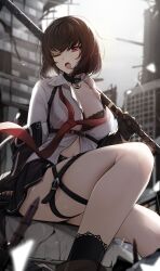 absurdres black_hair bra breasts choker cleavage counter:side ddangbi female gloves highres holding holding_sword holding_weapon joo_shiyoung lock loose_necktie navel necktie no_sex one_eye_closed open_mouth padlock padlocked_collar red_eyes sfw skirt solo sword thighs underwear weapon